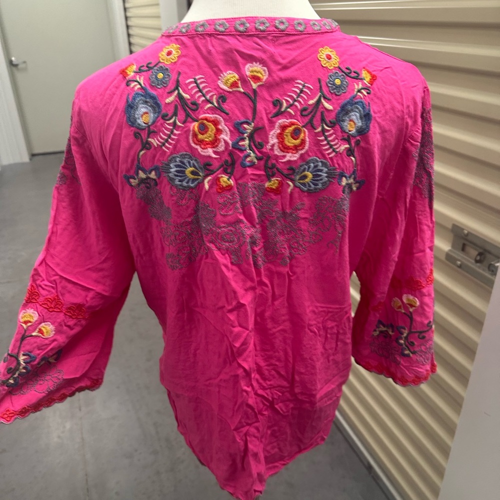 Bright Pink Bohemian Embroidered Tunic Beach Coverup - Picture 3 of 4